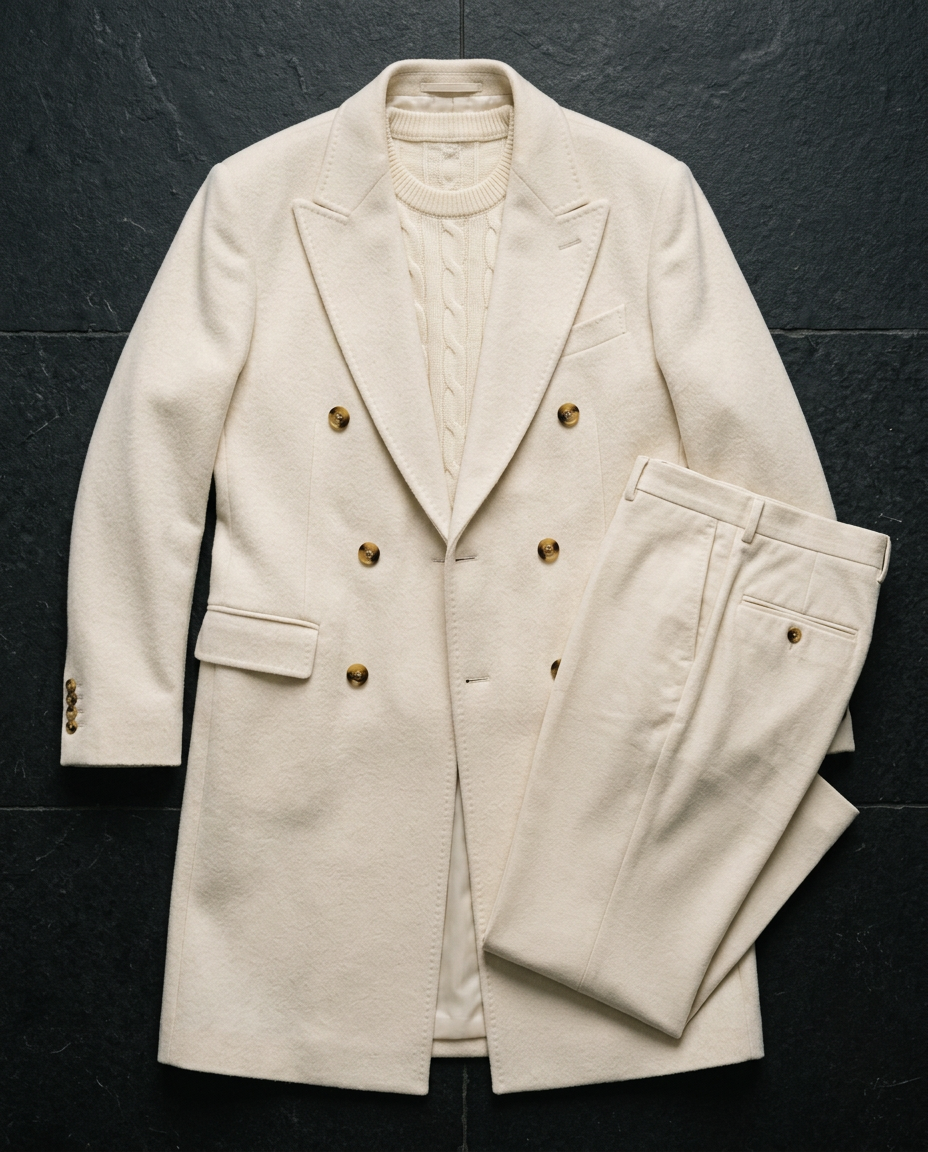 Style study — ivory wool suit and cream knit laid flat on a dark stone floor
