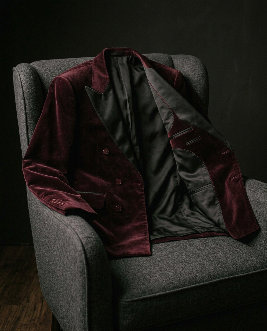 Style study — oxblood velvet dinner jacket with black satin lapels draped across a wool armchair