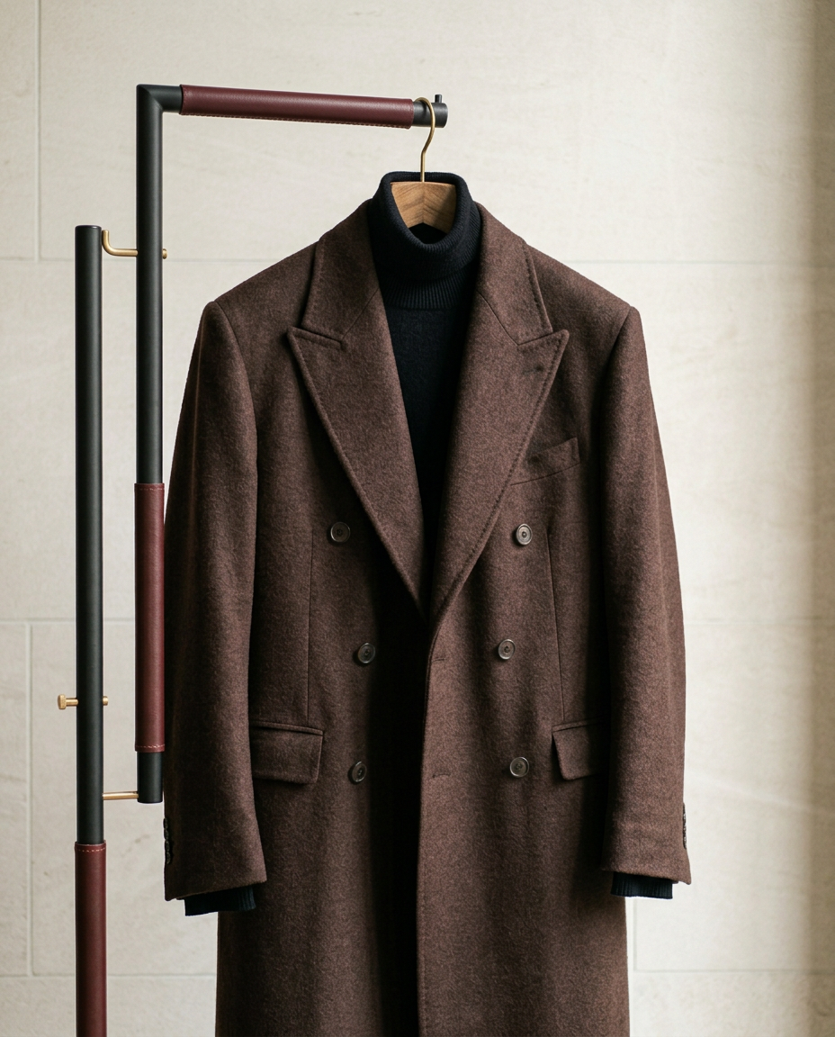 Style study — brown wool overcoat and black cashmere knit hanging from a wooden hanger